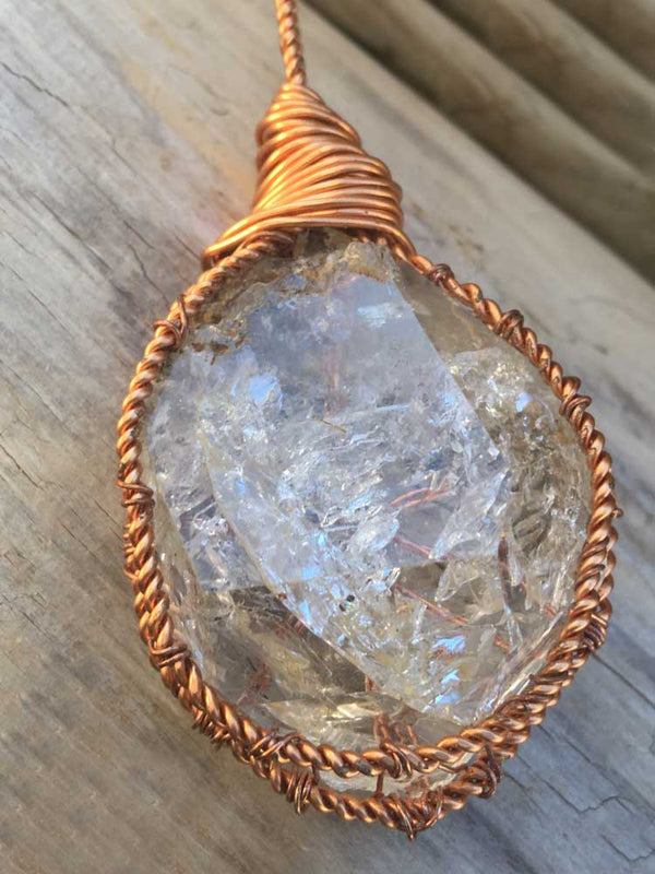 Solid Copper Wire Wrapped Large New York Herkimer "Diamond" Quartz Pendant