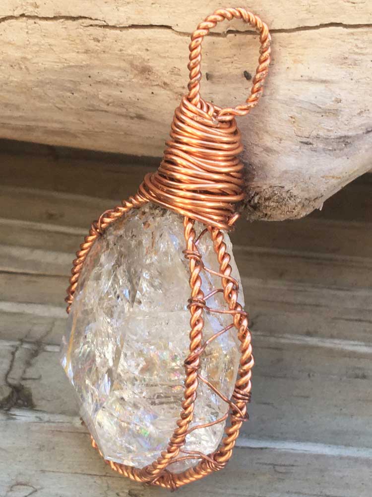 Solid Copper Wire Wrapped Large New York Herkimer "Diamond" Quartz Pendant