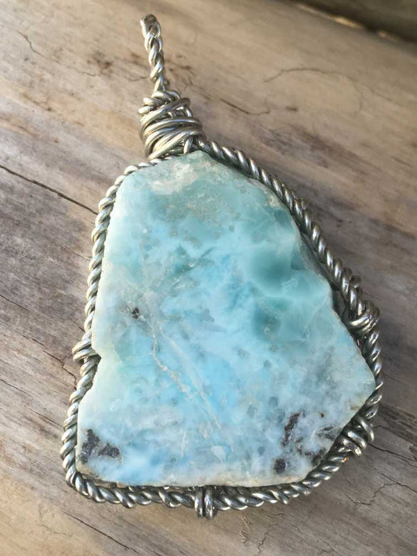 Silver Wire Wrapped Genuine Blue Larimar Slab Pendant