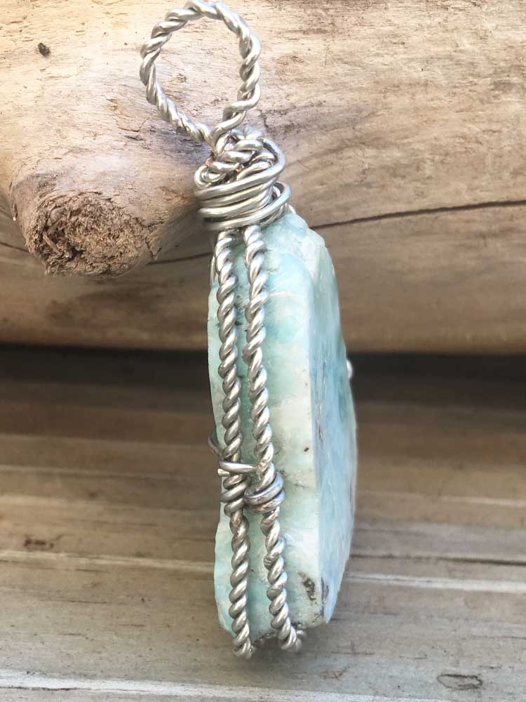 Silver Wire Wrapped Genuine Blue Larimar Slab Pendant