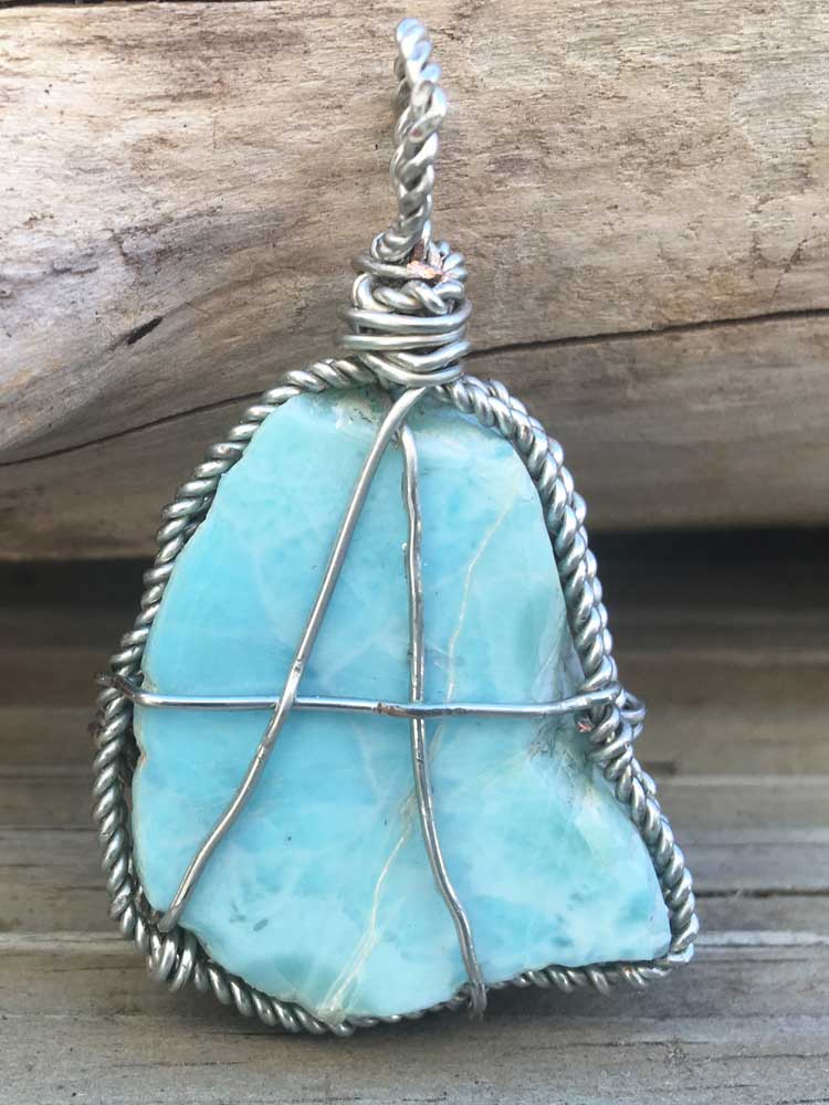 Silver Wire Wrapped Genuine Blue Larimar Slab Pendant