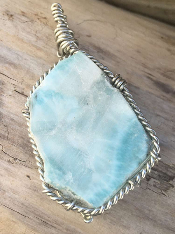 Silver Wire Wrapped Genuine Blue Larimar Slab Pendant