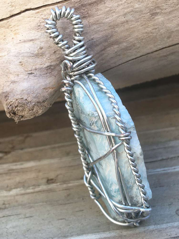 Silver Wire Wrapped Genuine Blue Larimar Slab Pendant