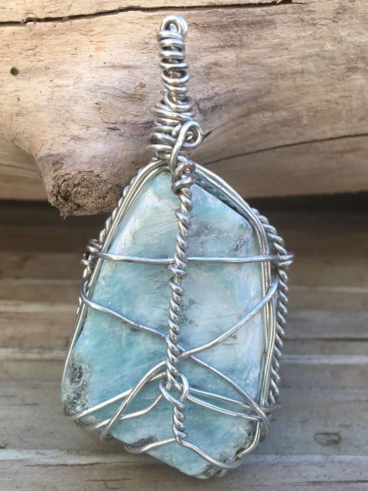 Silver Wire Wrapped Genuine Blue Larimar Slab Pendant