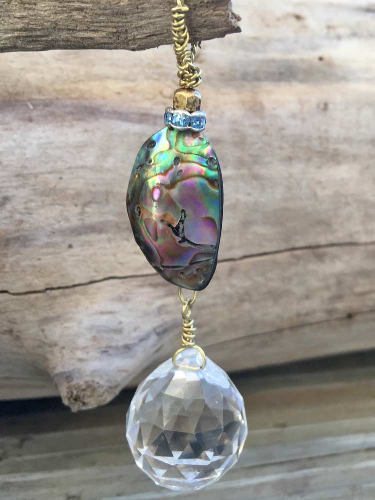 Brass Mermiad Abalone Shell Prismatic Crytsal Drop Pendant