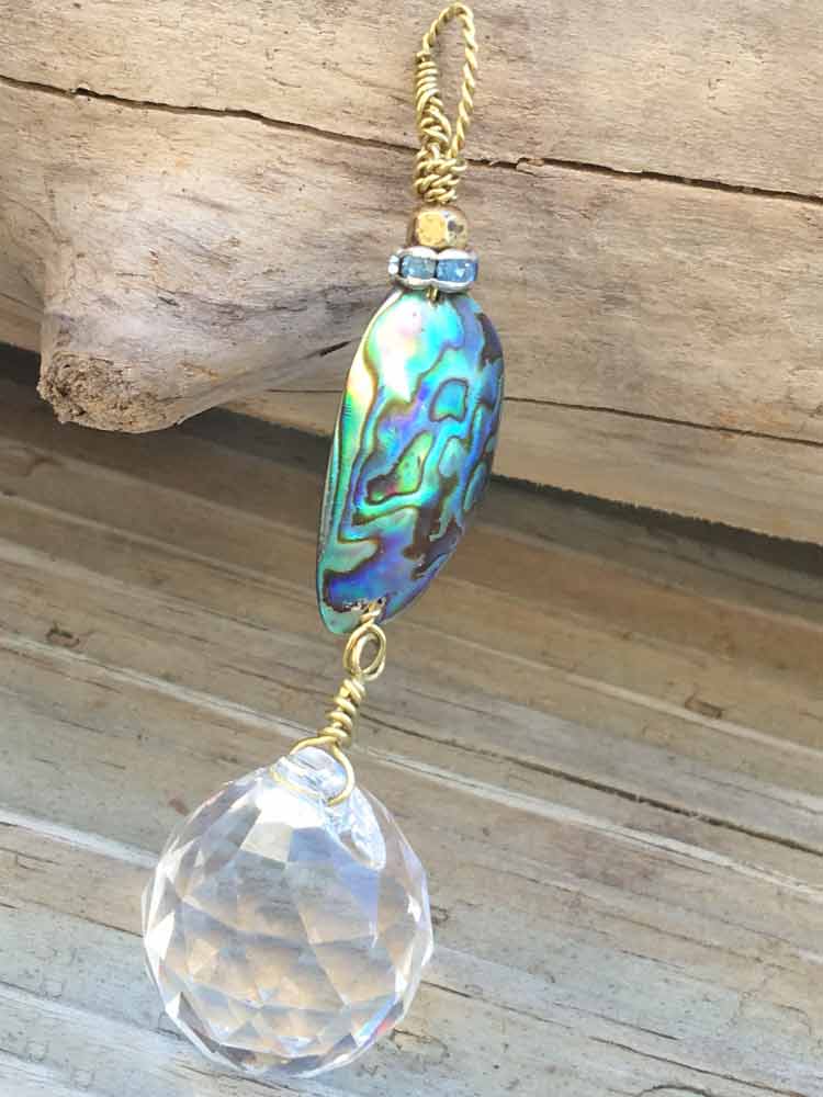 Brass Mermiad Abalone Shell Prismatic Crytsal Drop Pendant