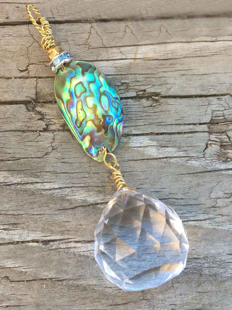 Brass Mermiad Abalone Shell Prismatic Crytsal Drop Pendant