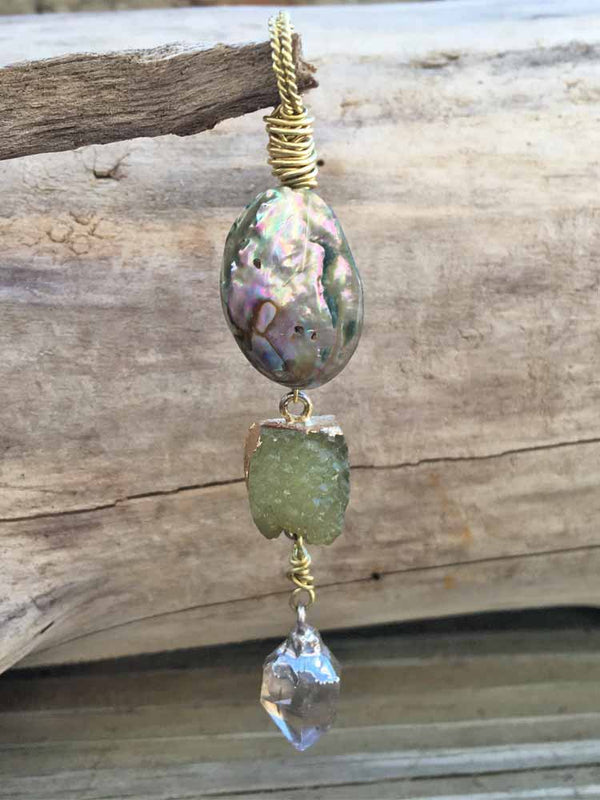 Brass Mermaid Abalone Shell Druzy & Phantom Crytsal Drop Pendant