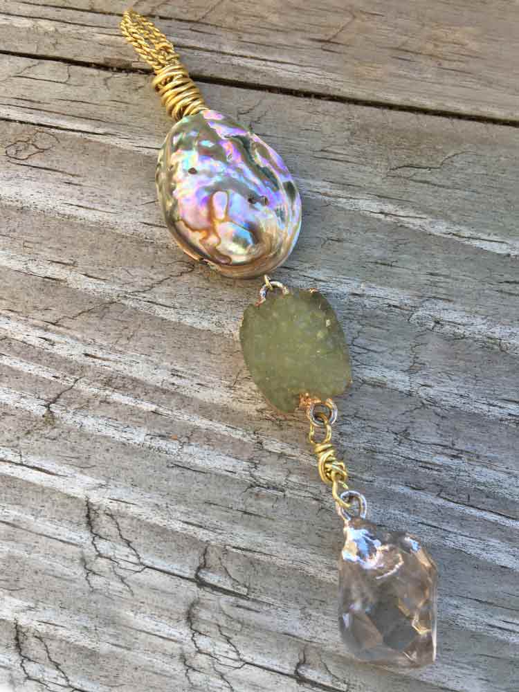 Brass Mermaid Abalone Shell Druzy & Phantom Crytsal Drop Pendant