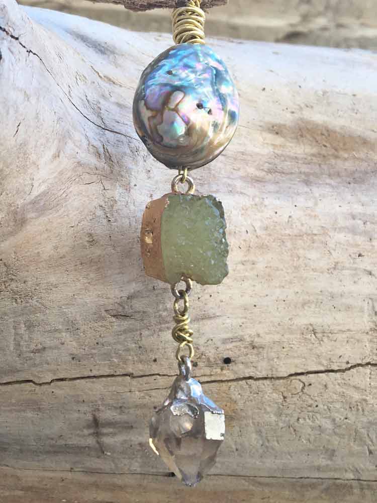 Brass Mermaid Abalone Shell Druzy & Phantom Crytsal Drop Pendant